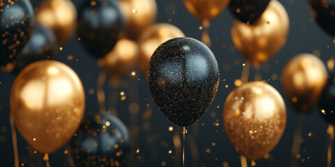 dazzling display of 3D black and gold balloons adorned with glitter, floating on a blurred background, creating an elegant and festive atmosphere, perfect for celebrations like birthdays or New Year’s