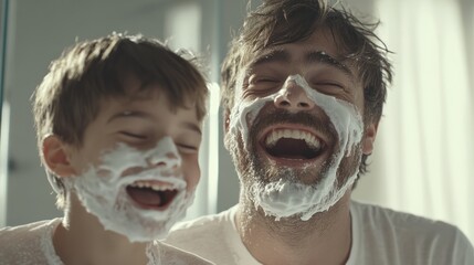 Father and Son Sharing a Laugh During Shaving