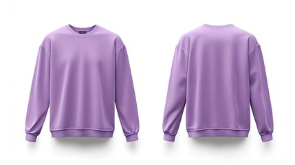 Front and back view mockup of a soft lilac longsleeved tshirt on a white background, realistic texture, minimalistic design, sharp edges