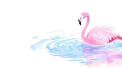 Fototapeta premium A pink flamingo gracefully wades through colorful waters, holding a fish in its beak, set against a minimalistic white background.