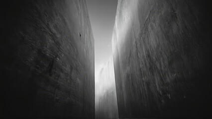 Generative AI, Dark, dramatic black-and-white architectural photograph of towering concrete walls with minimal light and sharp geometric contrasts