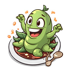 A playful character celebrates in a delicious dish with joy and excitement, digital illustration of character design concept.