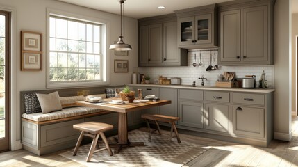 Fototapeta premium Rustic Kitchen with a Built-in Bench and Wooden Table