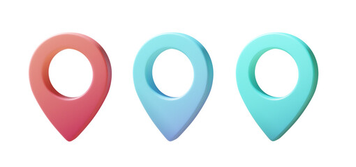 3D rendered illustrations of the red, blue, and cyan-green pushpin icons. This design conveys the theme of navigation. Location tracking isolated on transparent background.