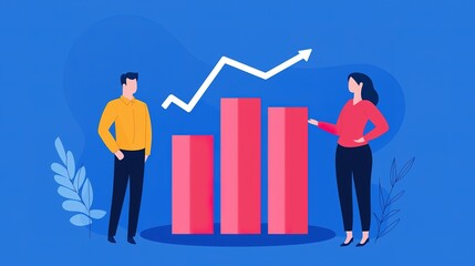 A vibrant illustration of two professionals discussing a rising bar graph against a blue background, symbolizing growth and success.