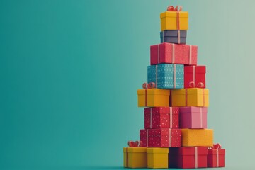 A tall stack of brightly wrapped gift boxes, symbolizing the abundance of holiday celebrations.