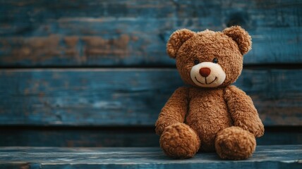 Obraz premium Brown bear against blue wooden background