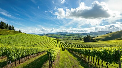 Fototapeta premium Lush vineyard with rolling hills under bright blue sky scattered clouds