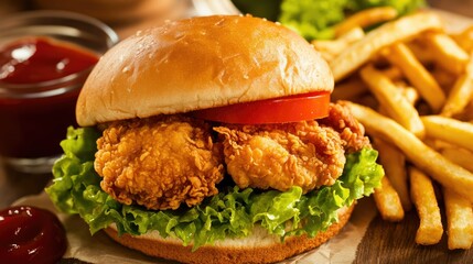 A perfectly fried chicken sandwich with lettuce, tomatoes, and a golden bun, served with fries.