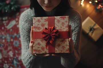 A top view of a woman holding a traditional gift box decorated for Christmas, capturing the festive spirit.