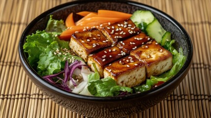 A tofu salad bowl with mixed vegetables, sesame seeds, and a light drizzle of soy sauce on a bamboo mat background.