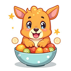 Embrace the happiness of fresh fruits with playful creatures, digital illustration of cute characters concept.