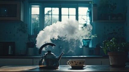 A whistling kettle releasing a cloud of steam, set against a dark kitchen backdrop.