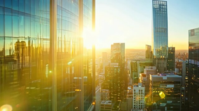 A city skyline with a large building in the background and a sun setting in the distance. The sun is casting a warm glow on the buildings, creating a peaceful and serene atmosphere