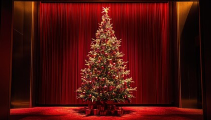 A vibrant view of a nicely decorated Christmas tree against a deep red backdrop, creating a striking holiday scene.