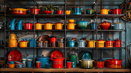 Vibrant Enamelware Collection: An assortment of brightly colored enamelware pieces on display, capturing the charm of retro kitchen decor.