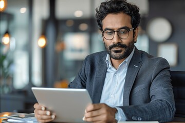 Focused young Indian businessman using digital tablet in modern office