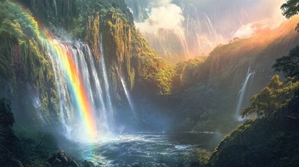 Fototapeta premium Rainbow Waterfall in Lush Valley