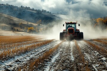 Fototapeta premium A field harvesting crops with a tractor. Generative AI