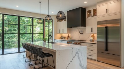Modern Kitchen with White Cabinets, Marble Island, and a View of Trees