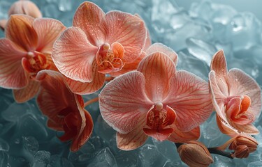 Frozen Orchid Flowers in Ice with Frosted Background in Purple and Orange Tones