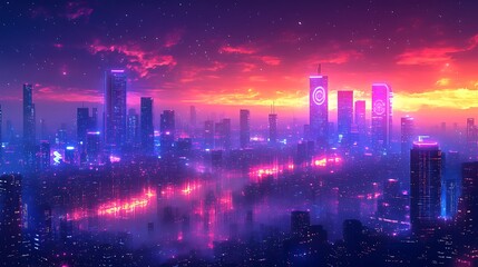 Fototapeta premium Explore the vibrant cityscape at twilight overlooking the neon skyline