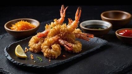 A plate of crispy fried shrimp garnished with lemon and sauces.