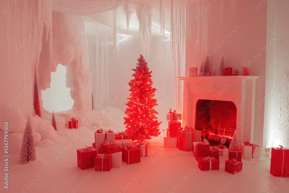 Wall mural A white room decorated in red tones with a New Year's tree, present boxes, and an artificial fireplace.