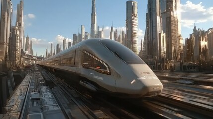 Naklejka premium High-speed train zooming through a futuristic cityscape, with skyscrapers towering in the background.
