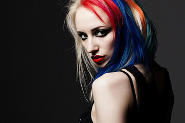 Naklejka premium a woman with vibrant multicolored hair and striking makeup, creating an edgy, fashion-forward look in a bold portrait