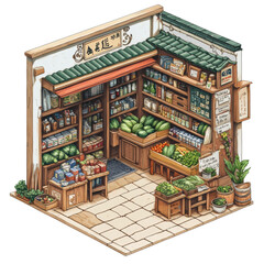 Obraz premium Traditional Asian Supermarket Isometric Design l Inside of 3D Vintage Store Cartoon Style l Cute Asia Old Shop l Japanese Chinese Building Town Village
