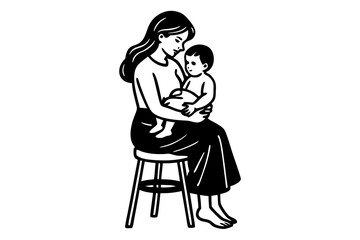 Young woman sitting on a stool and raises the baby in his arms