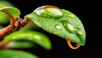 Macro Photography of Dewdrop on Leaf, Crystal Clear Water Droplet, Sharp Detail, Intense Background Blur, Nature Photography, Close Up Shot, Green Leaf, Water Drops, Freshness, Morning Dew, Natural