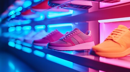 Colorful Athletic Shoes Displayed in Neon Lighting