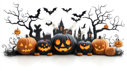 Spooky Halloween pumpkins and decorations create festive atmosphere