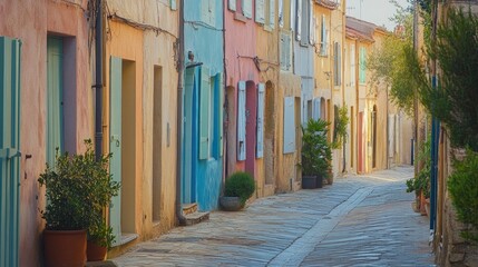 Fototapeta premium Traditional European townhouses with colorful facades and rustic charm, lining a narrow cobblestone street.