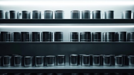 Fototapeta premium Cans on Modern Shelves in Dim Light