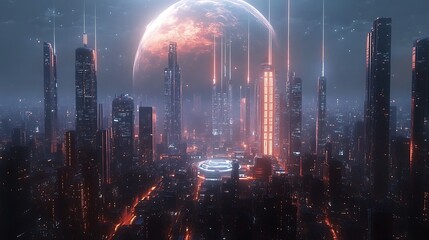 Obraz premium Explore the futuristic cityscape under a glowing planet