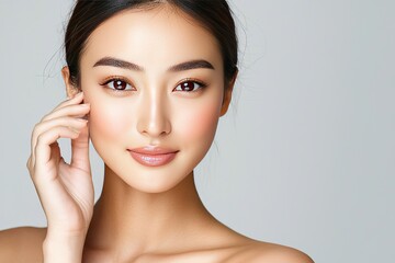 Portrait of a young woman with flawless skin and a serene expression.