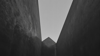 Generative AI, Dark, dramatic black-and-white architectural photograph of towering concrete walls with minimal light and sharp geometric contrasts