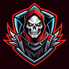 Bold skeleton warrior esports logo with a fierce skull and hood on a vibrant backdrop&mdash;ideal for gaming teams and tournaments!