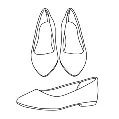 Women's Pointed-Toe Ballet Flat Shoes Line art, Technical sketch hand drawing outline vector doodle illustration various view isolated on white background