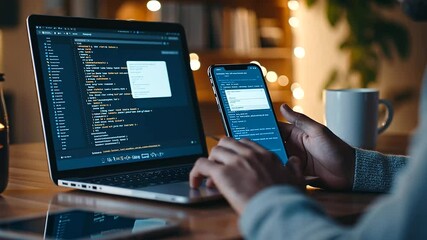 Developer Typing Code with Smartphone Reflection and Blurred Workspace