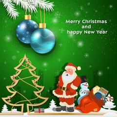 Christmas and New Year greetings Christmas balls are hanging on the branches of a tree Santa Claus is standing next to a bag of gifts