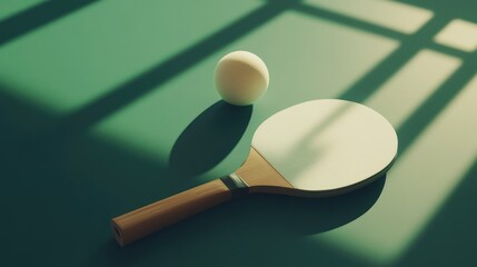 Ping pong equipment on green table background