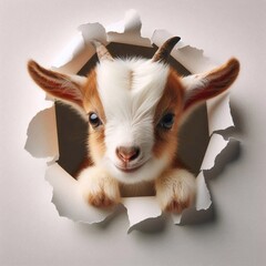 niedliches kleine Ziege schaut durch ein Loch in der Wand 