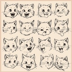 Cute Cat Face Doodles Set of 30 Different Line Art Illustrations