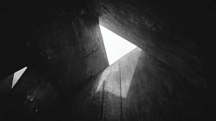 Generative AI, Dark, dramatic black-and-white architectural photograph of towering concrete walls with minimal light and sharp geometric contrasts