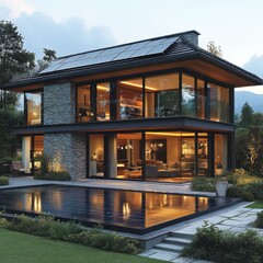 Fototapeta premium Modern two-story home with a swimming pool and solar panels on the roof.