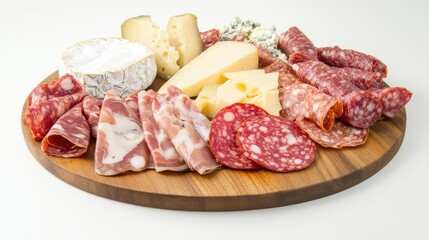 Obraz premium Assorted meats and cheeses on a wooden platter